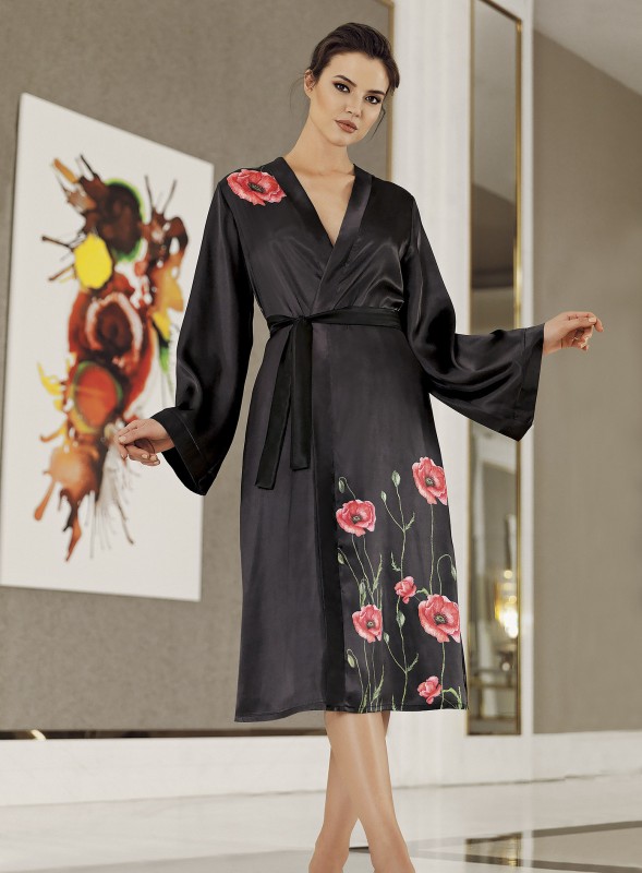 women sleepwear 2pcs black robe and nightgown
