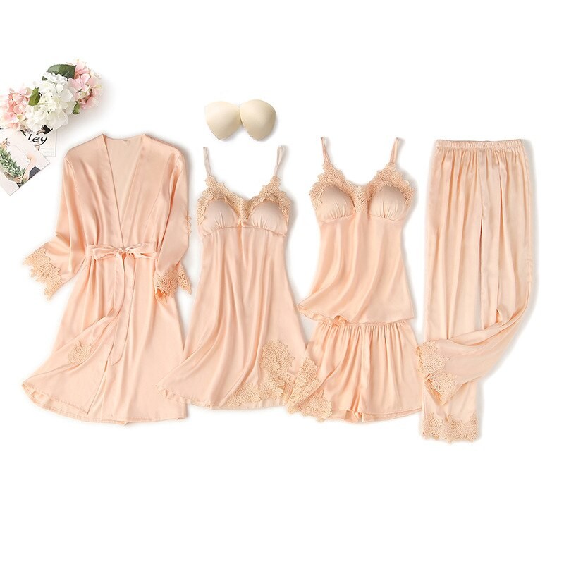 Women's Silk Satin Pajamas Set 5 PCS Sleepwear soft and Shorts with Robe and nightgown