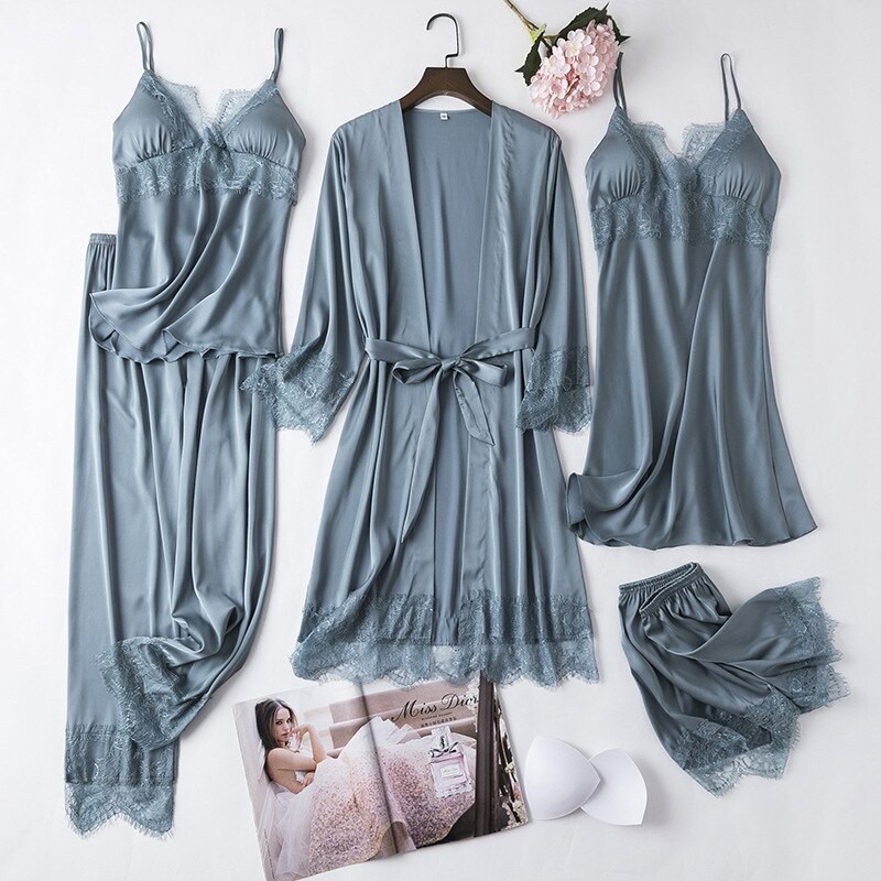Women's Silk Satin Pajamas Set 5 PCS Sleepwear soft and Shorts with Robe and nightgown and 5 different color
