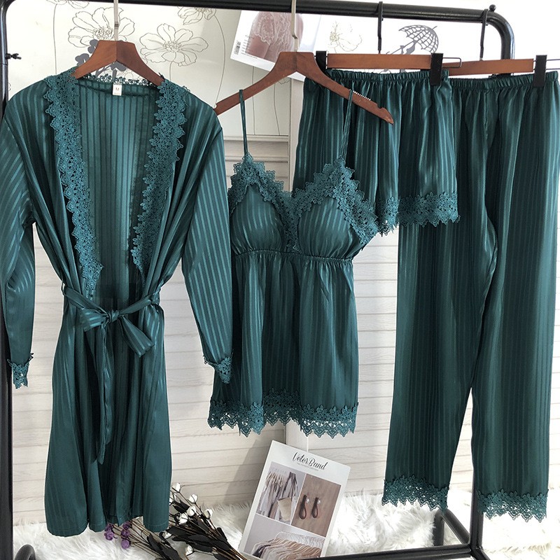 Women's Silk Satin Pajamas Set 4 PCS Sleepwear soft and Shorts with Robe